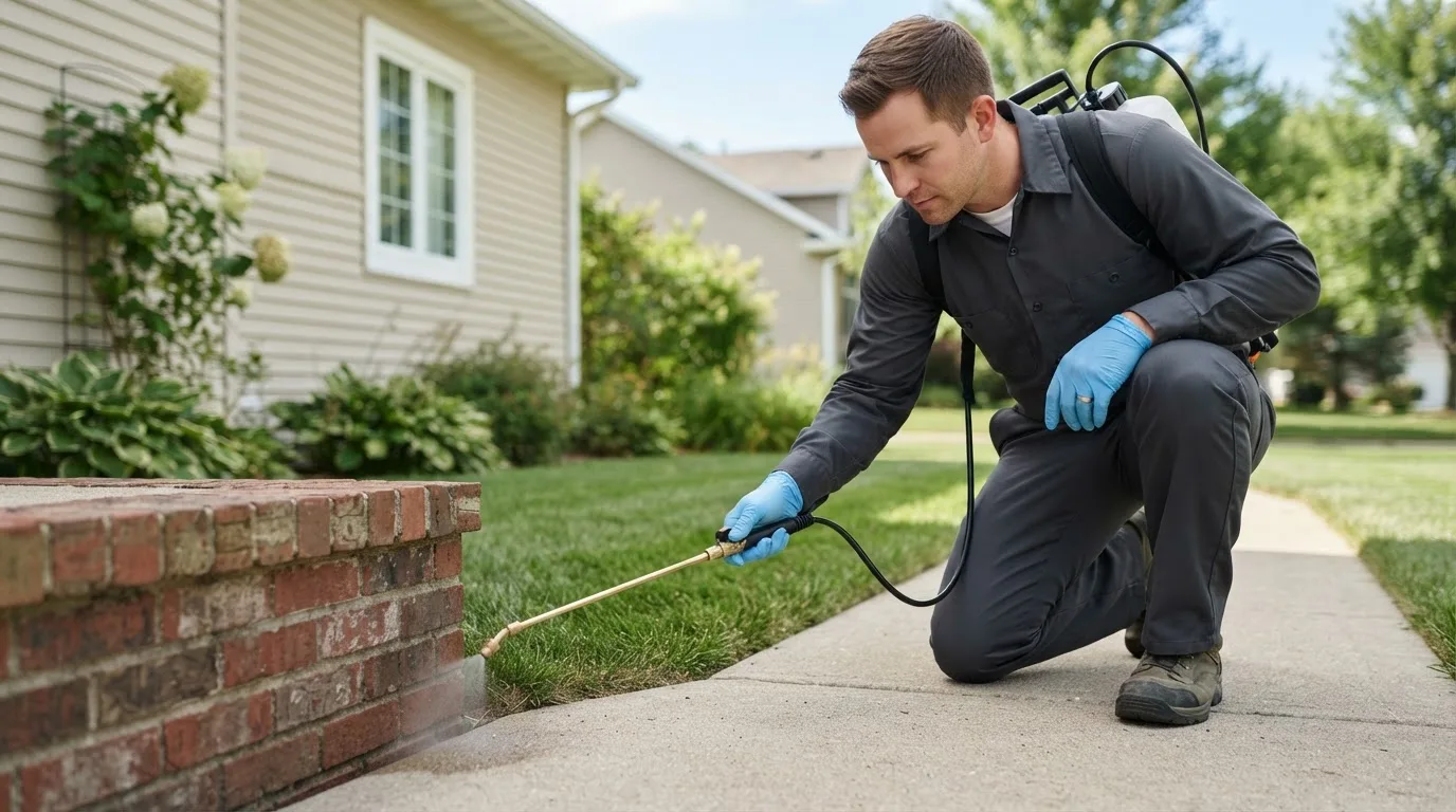 Pest control technician treating a home near Bunn, NC